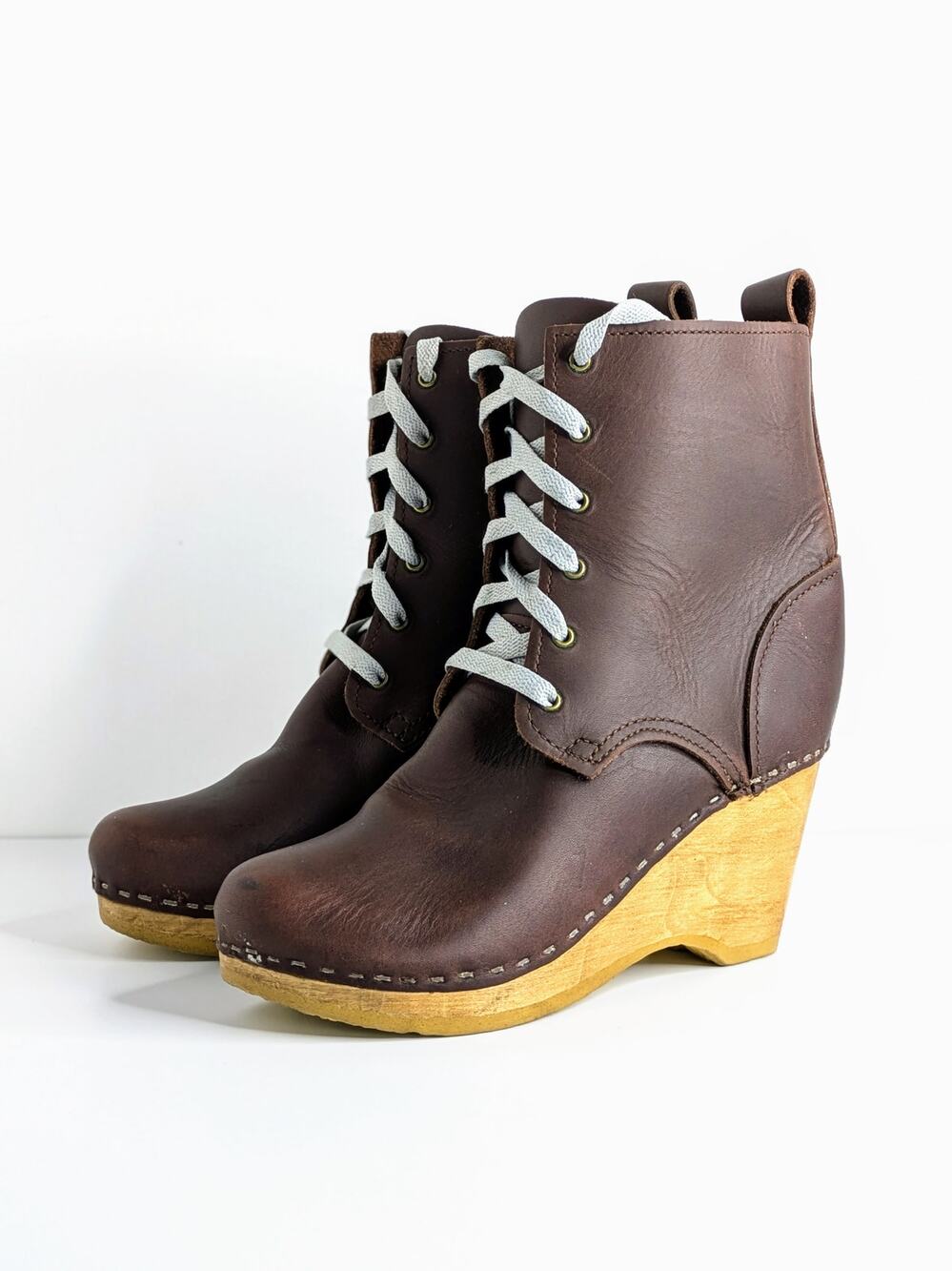 No. 6 Clog Boots 37 Brown Leather Lace Up Wedge Wood Heel Ankle NYC 6.5